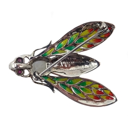 Moonstone, marcasite plique-a-jour silver insect brooch stamped 925
