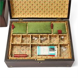 Victorian rosewood sewing box inlaid with mother of pearl W29cm and another with lift out tray and sewing accessories