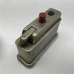 Collection of lighters, including Ronson Varaflame, Zorr Classic, Dunhill bark effect roller gas lighter, and faceted blue glass table lighter, etc