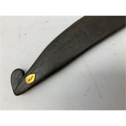 19th century Singhalese knife pia kaetta, the 20cm steel blade inset with yellow and white metal, with metal mounted carved pistol grip, in plain wooden scabbard L33cm overall