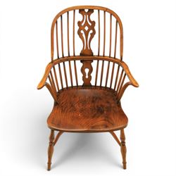 Pair of high back Windsor armchairs, fleur de lis back splat, dished seat, caroline stretcher