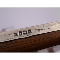 1920s silver mounted perpetual desk calendar, printed in red and black on an ivorine ground, hallmarked Charles S Green & Co Ltd, Birmingham 1925, with wooden easel style support verso, together with a set of three modern silver decanter labels, with cut-out lettering for gin, whisky and vodka, hallmarked London 1982, maker JKM, calendar H8.4cm