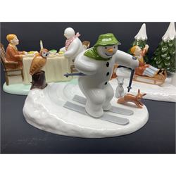 Three Coalport Characters The Snowman figures, comprising Dinner for Two, Off Piste and Winter Fun, all with certificates and original boxes 