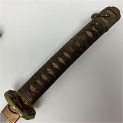 WW2 Japanese Army officer's shin gunto/katana sword with 68.5cm steel single edged blade, foliate cast brass tsuba, bound fish-skin grip with brass mounts, inscribed marks to both sides of tang; in lacquered wooden scabbard with brass mounts and locking button L97cm overall