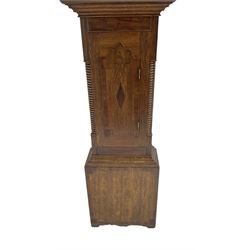 John Staniland of Malton - mid 19th century oak and mahogany 30 hour longcase clock c1860, with a swans neck pediment and brass paterie, recessed break arch door beneath flanked by two ring turned pilasters, broad trunk with stopped canted corners and turned quarter columns, short wavy topped door with inlay, broad plinth with a decorative base, painted dial with a coastal scene to the break arch and juxtaposed matching spandrels, with Roman numerals and makers name, dial pinned directly to a chain driven countwheel striking movement, sounding the hours on a cast bell.
With pendulum & weight.
