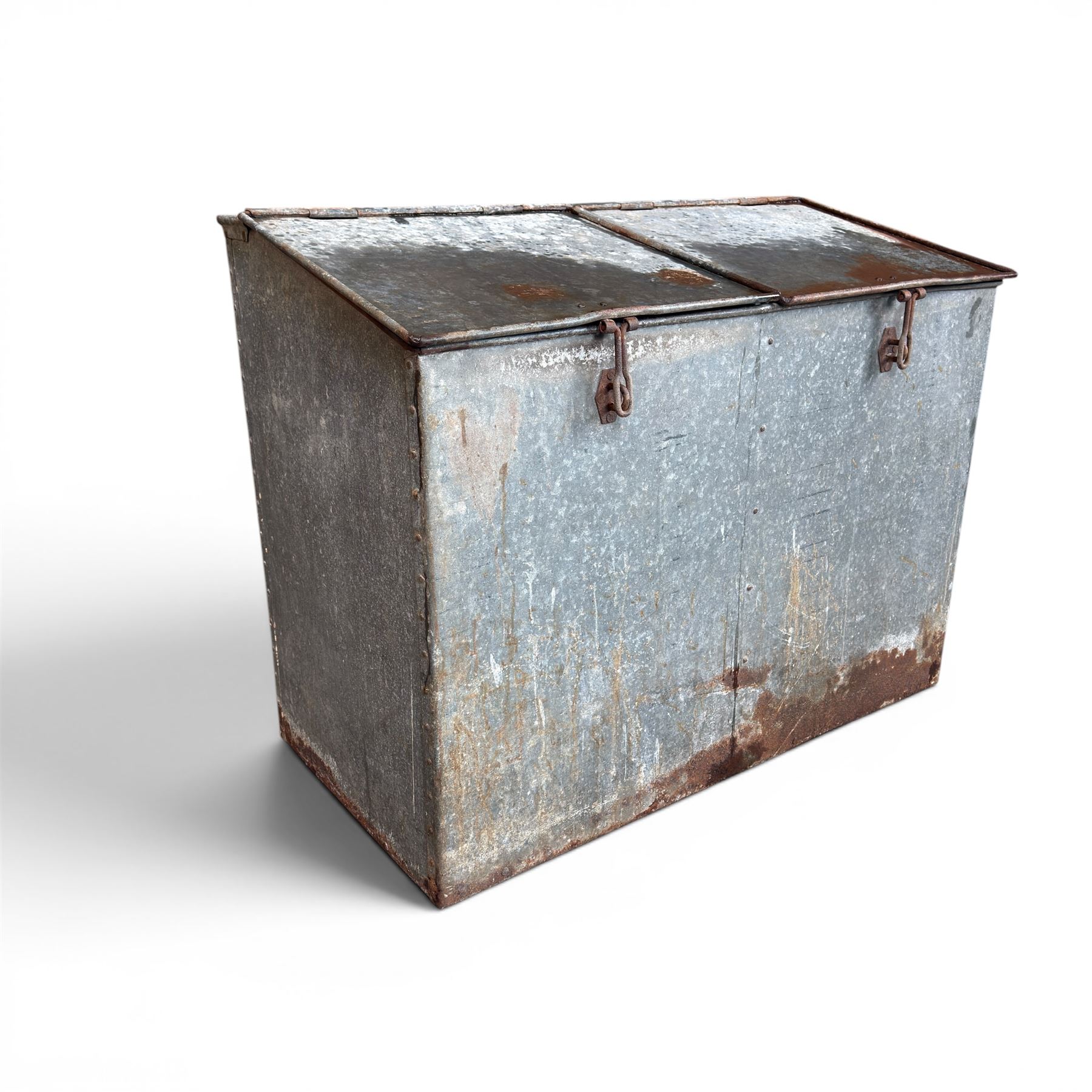 Early 20th century galvanised two division feed bin, sloped top