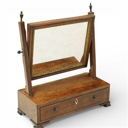 Two late 19th century mahogany toilet mirrors and a towel rail, one oval adjustable mirror on shaped uprights over a two-drawer base (H 73cm, W 48cm), the other with rectangular mirror plate on a hinged frame above a drawer base (H 44cm, W 37cm, D 17cm), together with a turned mahogany towel rail with arched top rail, double lower rails and splayed feet (H 81cm, W 65cm)