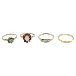 Four 9ct gold rings including opal and garnet cluster ring, emerald and diamond cluster ring, diamond chip and a wedding band
