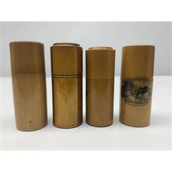 Collection of Mauchline ware relating to sewing, to include four ovoid shaped thimble cases, hinged lid thimble case and needle cases (12) 