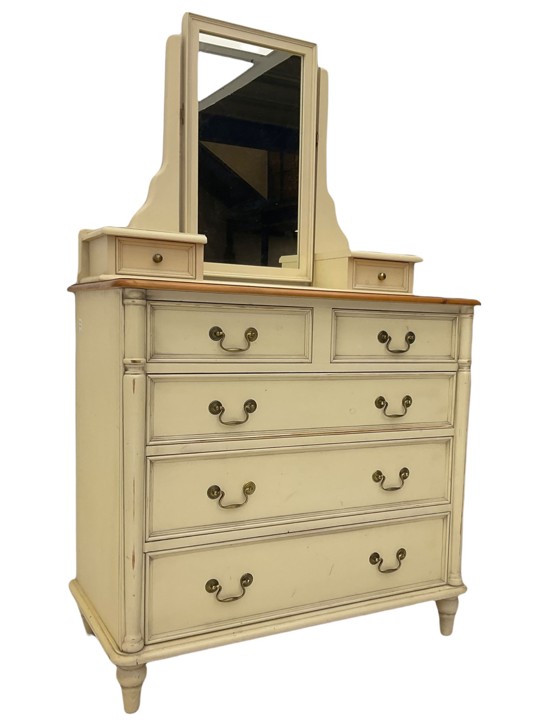 Laura Ashley pine and cream finish vanity chest, fitted with two short and three long drawers, swing mirror back