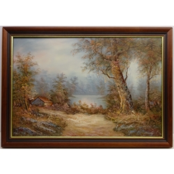  Autumnal River Landscape with Cottage 20th century oil on canvas unsigned 60cm x 90cm  