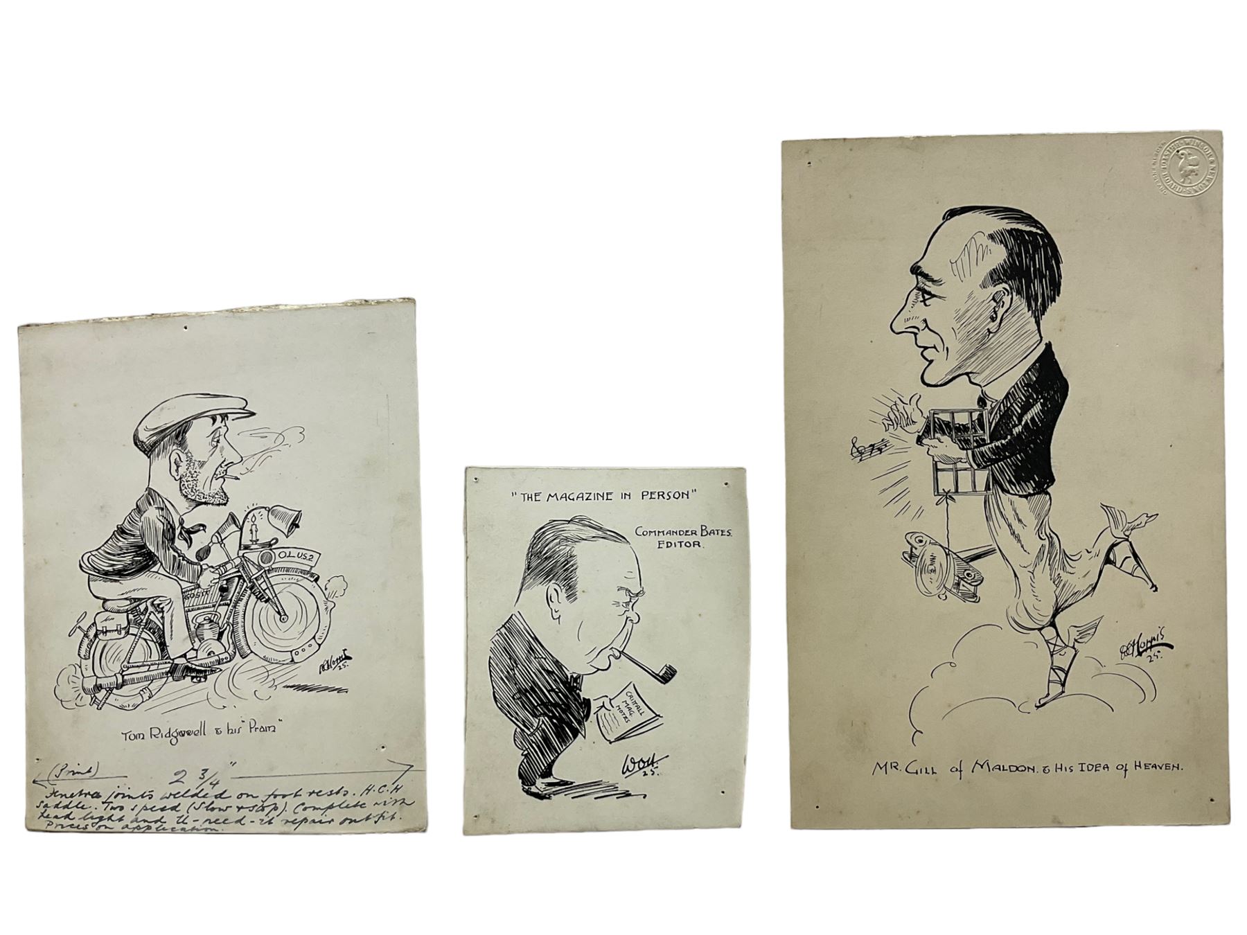 William O Norris (British 19th Century) - Large folio of humorous pen and ink illustrations for Crittall Magazine and other original works to include various advertisement drafts for Eastern National and Marconis Wireless Telegraph Company, mostly dated '25, and a photograph of the artist at work max 36cm x 46cm 
