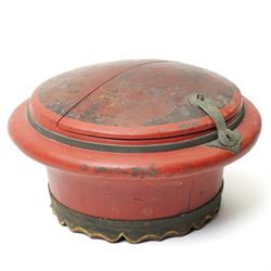 Early 20th century Chinese red lacquered marriage basket, the exterior with character and fruit motifs, H43cm; together with a red painted dowry basket, on shaped circular foot, H19cm x D35cm (2)