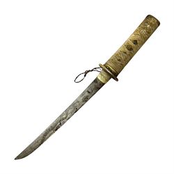 Japanese tanto dagger with 25cm single edged blade, gilded plain punched tsuba, cord bound ray skin grip incorporating menuki and ornate gilded metal mounts L39cm overall