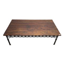Laura Ashley - mango wood and wrought iron coffee table, the rectangular top over a pierced wrought iron frieze in repeating lozenge pattern