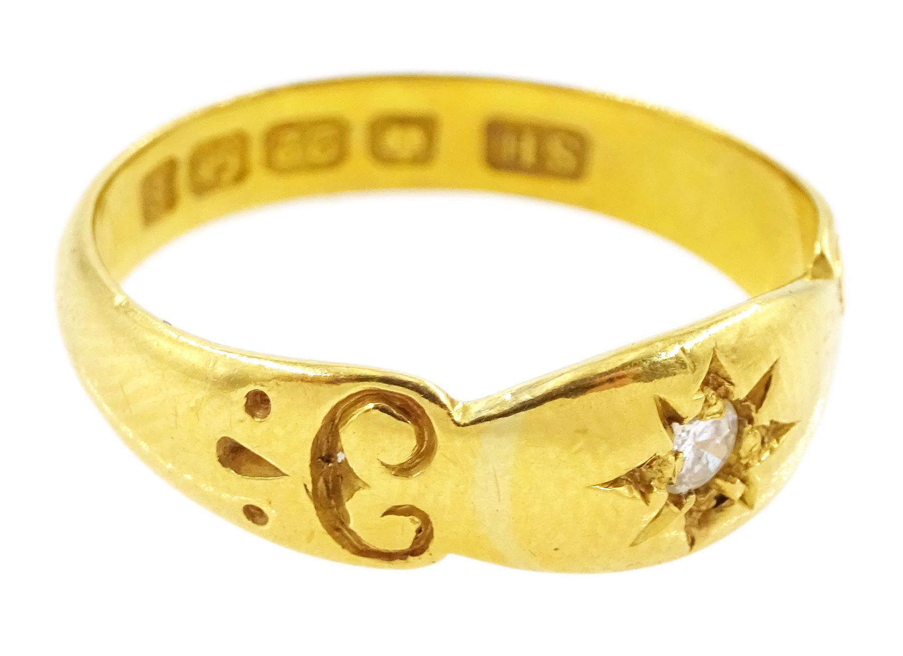Edwardian 22ct gold gypsy set, single stone old cut diamond ring, Birmingham 1905