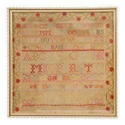19th Century embroidered sampler of the alphabet sampler, dated 1826, H32cm, W32cm