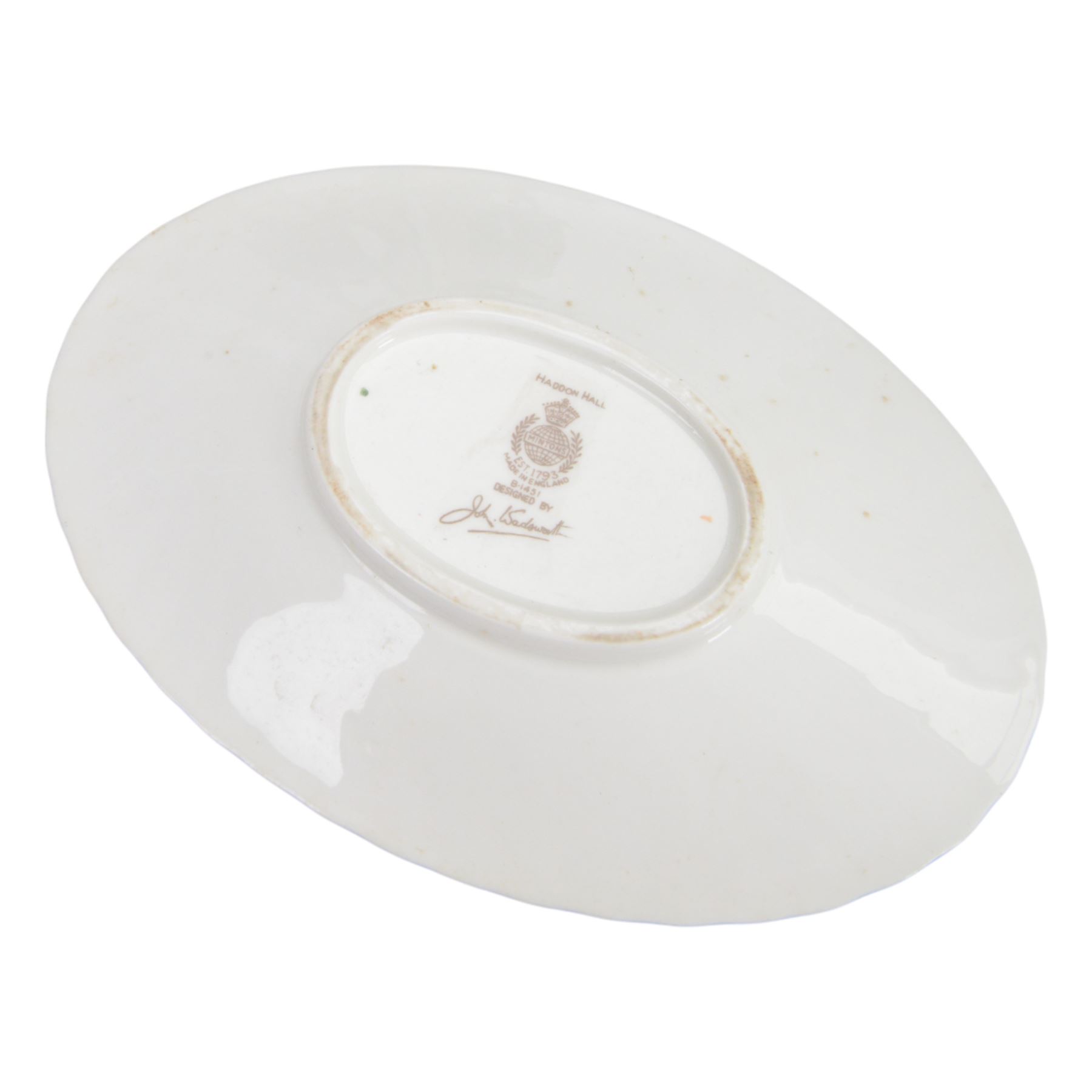 Minton Haddon Hall part dinner service, including teapot, nine dinner plates, nine soup bowls, two serving dishes, sauce boat and saucer etc in two boxes 