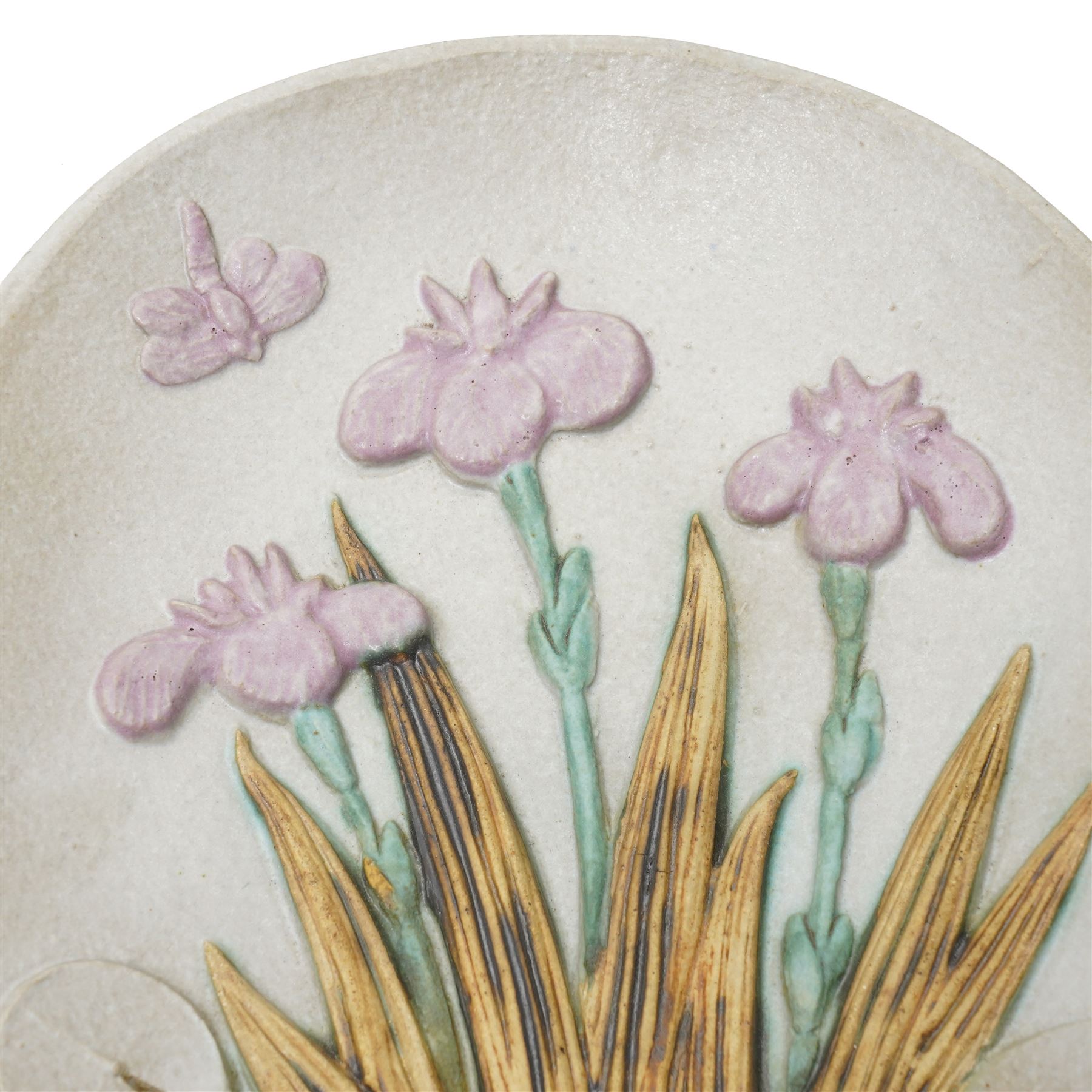 Bernard Rooke (1938-) - Studio pottery shallow dish with a raised pattern of lily pads, iris, frogs and dragon fly W31cm with Bernard Rooke paper label from The Mill Gallery, Swilland, Ipswich and incised 'B R' to the reverse