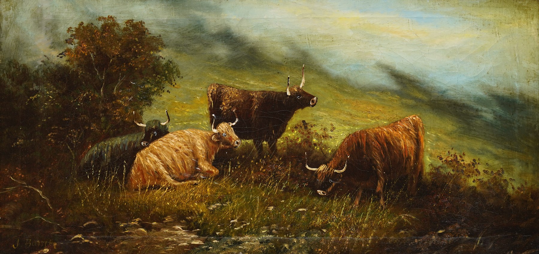 English School (Early 20th century): Naive Highland Cattle, oil on canvas indistinctly signed J Burn* 29.5cm x 60cm