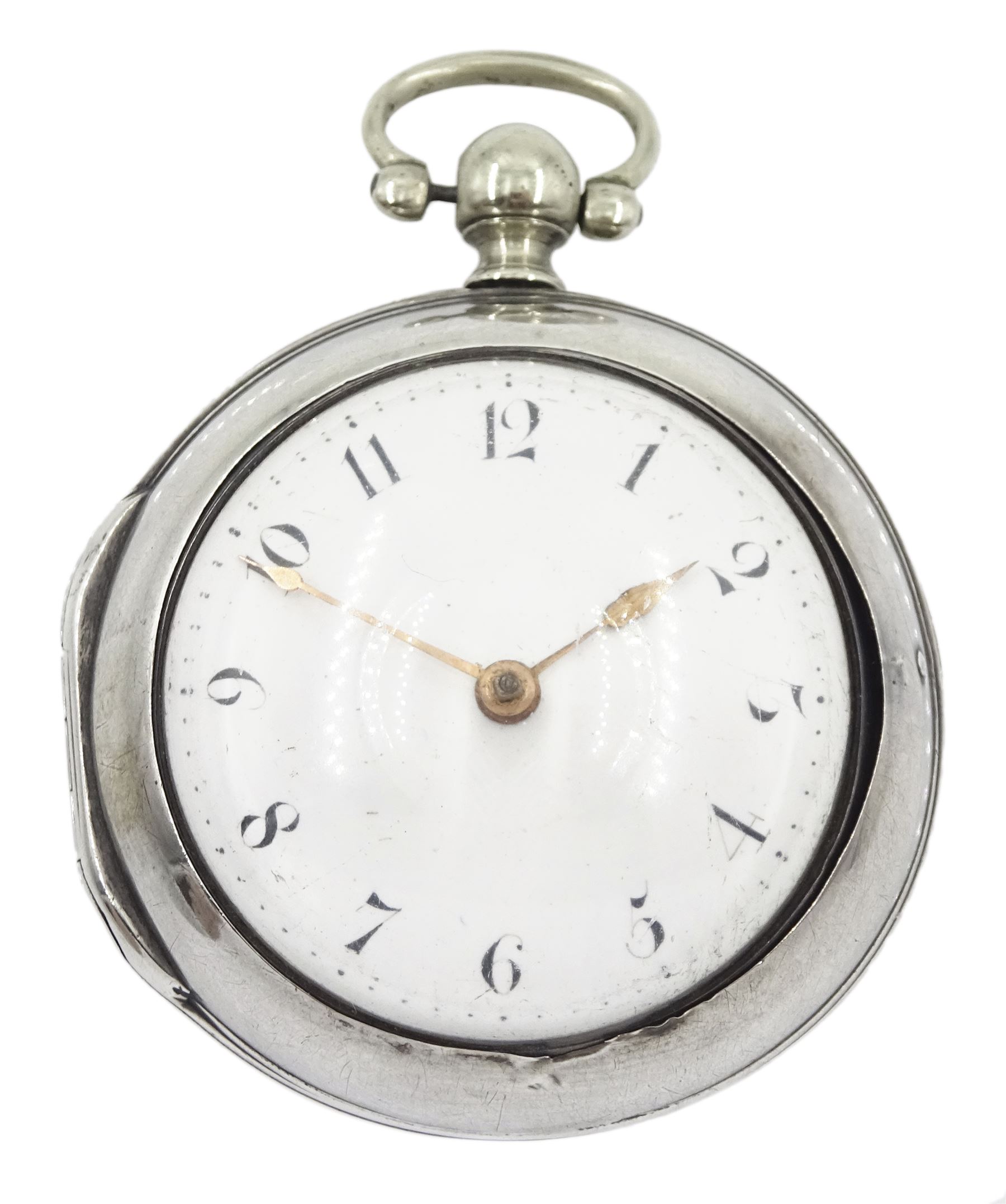 George III silver pair cased verge fusee pocket watch by John Richards, London, pierced and engraved balance cock, white enamel dial with Arabic numerals, bull's eye glass, case by Thomas Gosling, London 1778/80