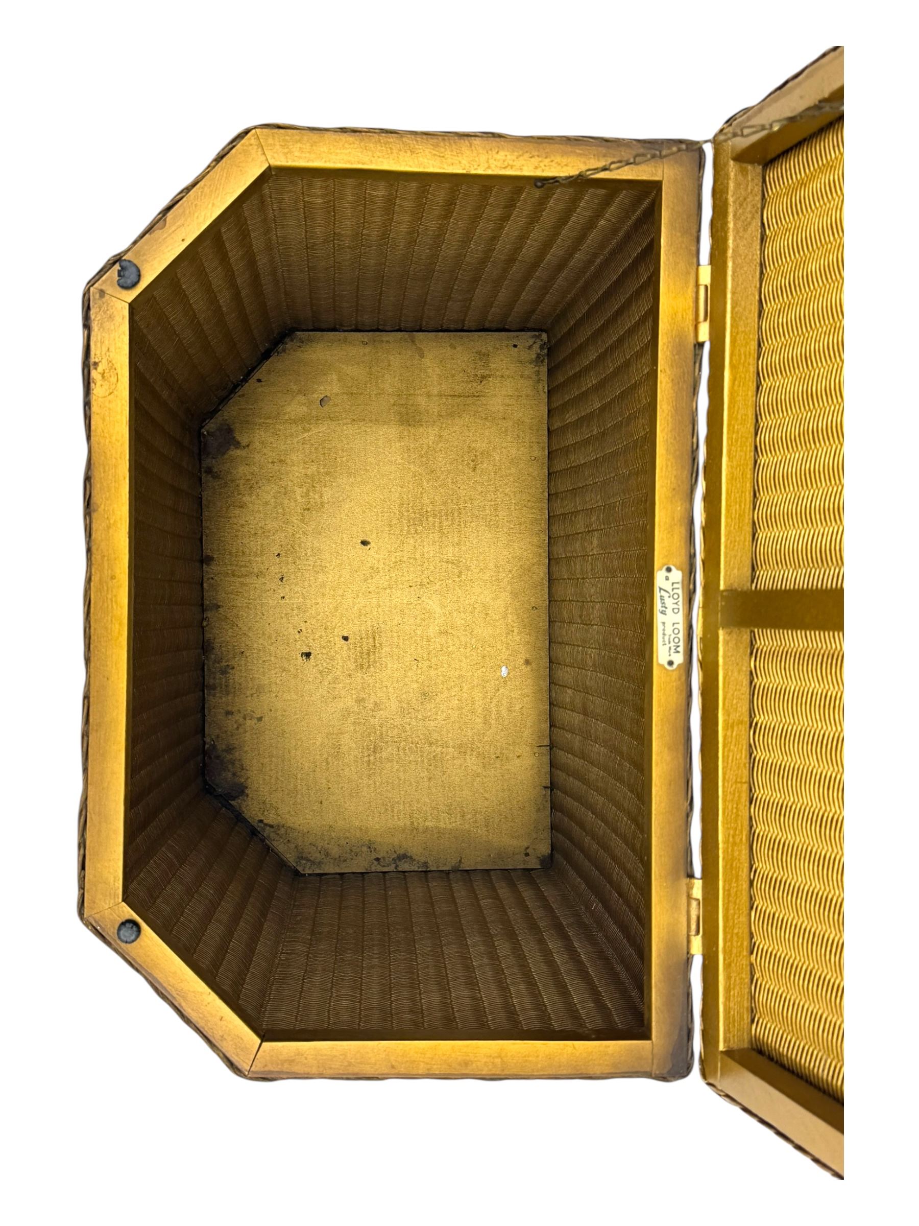 Lloyd Loom - mid-20th century 'Lusty' wicker laundry basket, hexagonal form with gilt painted finish, hinged top with glass insert