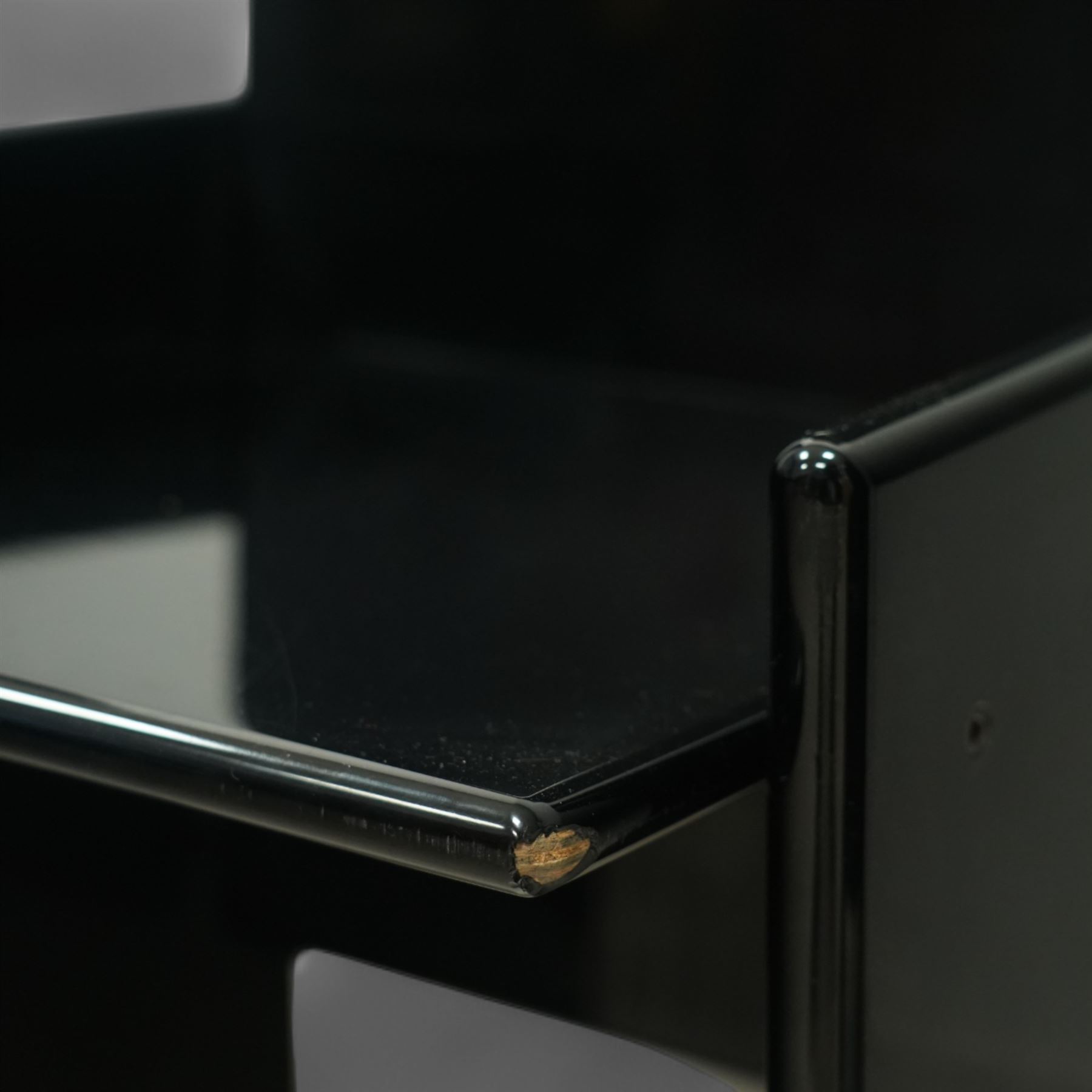 Kazuhide Takahama for Simon Gavina - set of six 1970's Italian designer black lacquered 'Kazuki' dining chairs, high slanted back over rectangular seats and broad panelled side supports, labelled to underside