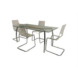 Polished metal, glass and wooden extended x-framed dining table, and set four clear acrylic cantilever chairs