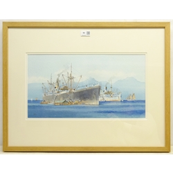  Colin Verity RSMA (British 1924-2011): 'Anchor Port' - Steam Ship Levernbank, watercolour signed, original title label verso 26cm x 48cm  DDS - Artist's resale rights may apply to this lot  