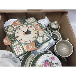 Emma Bridgewater wall clock, Country Artists kingfisher, Wedgwood Charnwood pattern tea service and a large collection of collectors plates and other ceramics and glassware, in six boxes