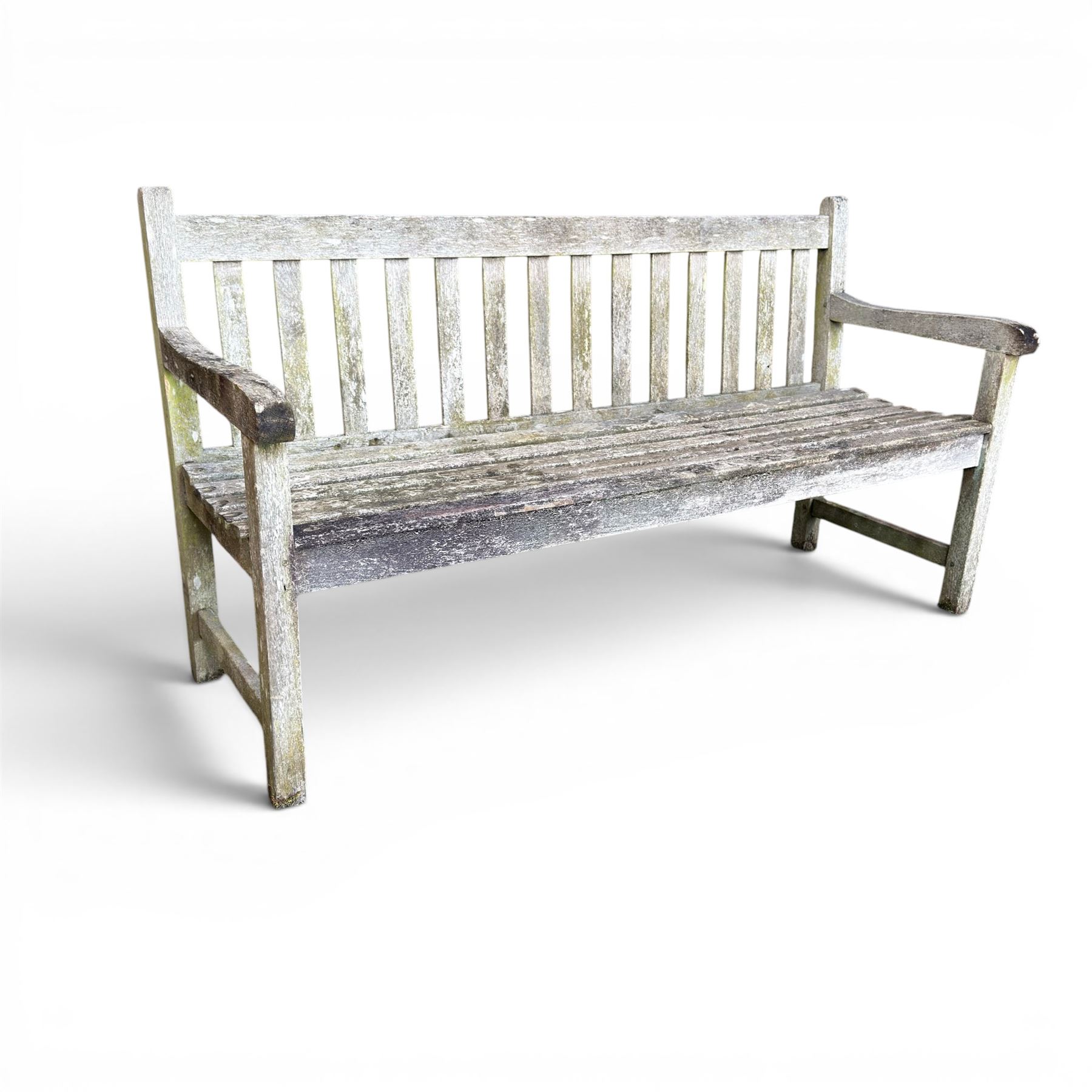 Weathered teak garden bench, slatted seat and back, square form arms and legs