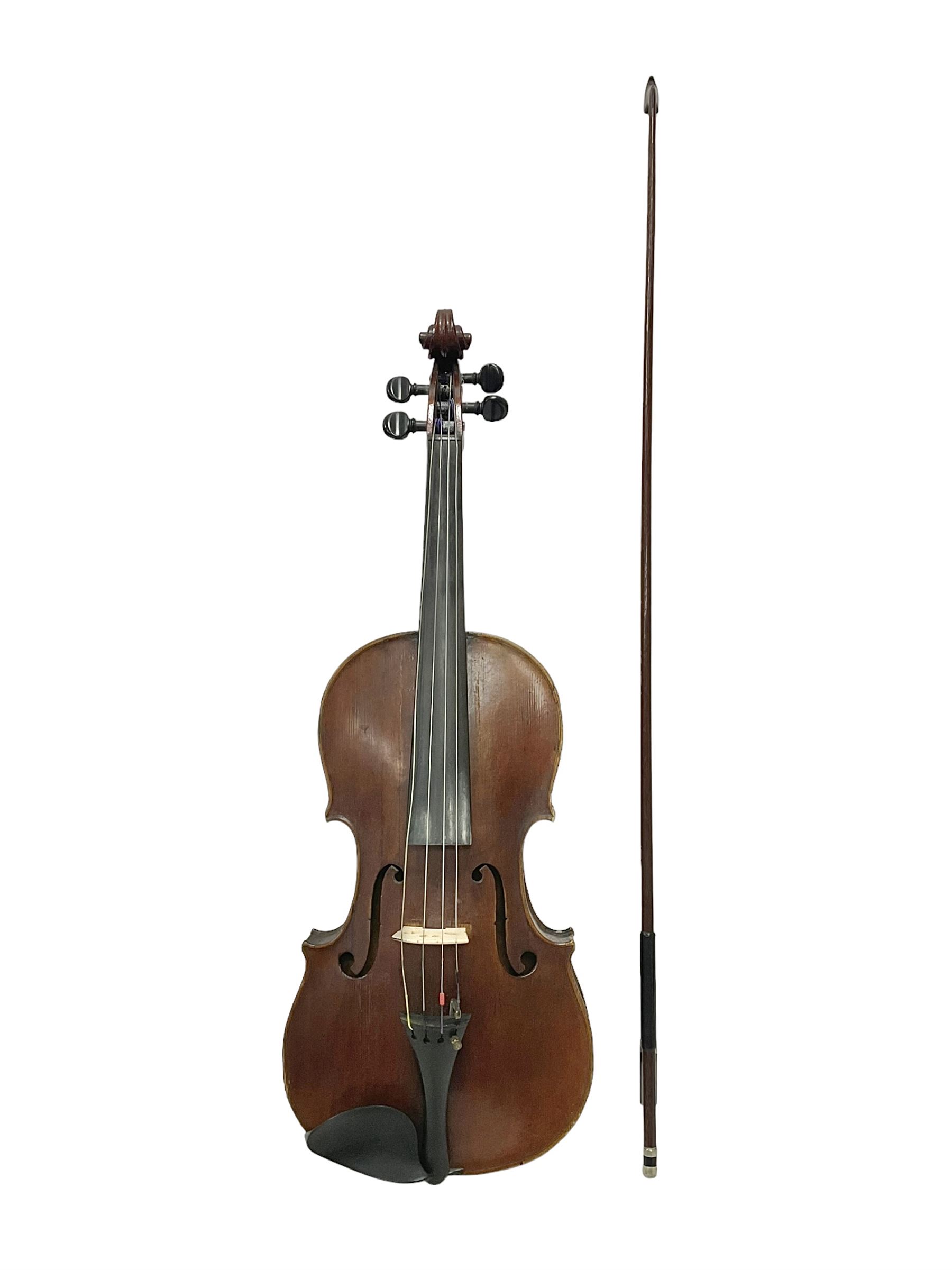Full size violin and bow in a wooden constructed fitted case, back length 35cm, full length 60cm