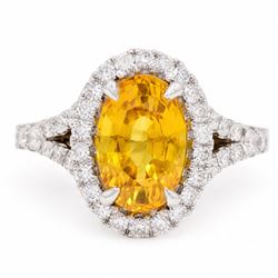 18ct white gold yellow sapphire and diamond ring, single oval cut sapphire of approx 4.20 ...
