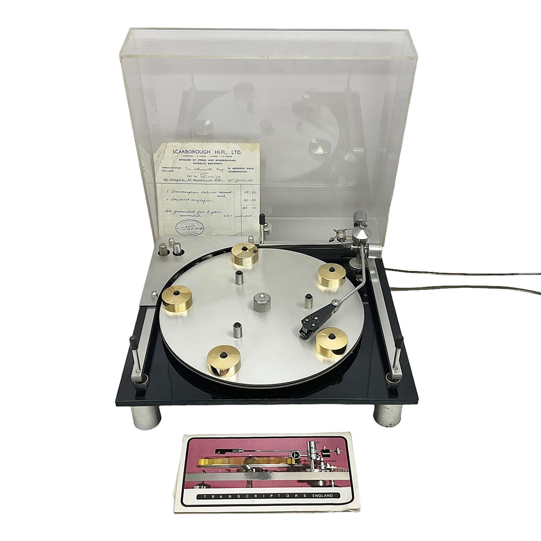 1970s Transcriptor Saturn turntable with paperwork including original receipt dated June 1973 and some accessories