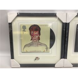 Set of three Royal Mail David Bowie limited edition album stamp prints, comprising Aladdin Sane, Blackstar and Earthling, all framed and in original packaging, H43cm W43cm