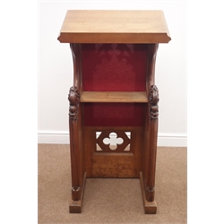  Edwardian oak lectern, front with carved tracery panels flanked with plain columns supporting sloping top concealing an open back with ornatley carved sides, central shelf, W54cm, H119cm, D59cm  