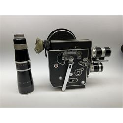Bolex H8 Reflex 8mm cine camera with handgrip and turret for interchangeable lenses, KERN macro-switar 1:1,4 f=36mm H8 RX lens, KERN macro-switar 1:1,3 f=12,5mm H8 RX lens, KERN macro-switar 1:1,6 f=5,5mm H8 RX lens, KERN MACRO-YVAR 1:3,3 f=150mm lens 