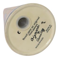 Wedgwood Bizarre by Clarice Cliff, four Conical Sugar shakers, comprising May Avenue, Trees and House, Sliced Circle and Orange Roof Cottage, all with certificates and boxes 