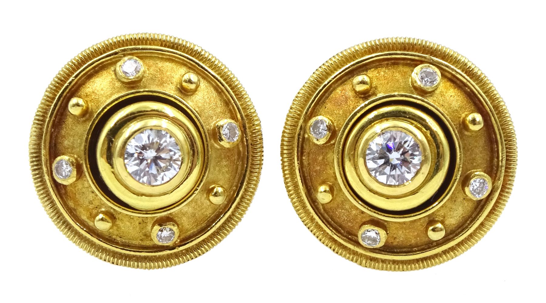 Pair of Cassandra Goad 18ct gold Theresa diamond interchangeable stud earrings, central round brilliant cut diamonds of approx 0.50 carat total, each with removable four stone diamond set decimus halo, from the Damascus range, hallmarked, cased