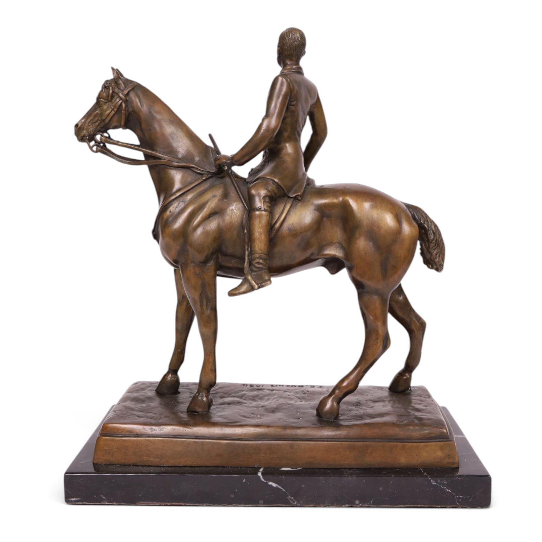 After Joseph Edgar Boehm, bronze Huntsman on horseback, upon a marble base, H40cm