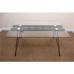  Rectangular glass top dining table, splayed metal supports joined by two stretchers with rope detailing (W150cm, H76cm, D90cm)and set four metal tubular chairs, upholstered in a grey fabric (W47cm) (5)  