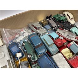 Dinky - over thirty unboxed and playworn die-cast models including Vega Major Luxury Coach, Peugeot 404, Humber Hawk, Ford Transit Van, Jaguar Type D etc; fourteen Dinky road signs; and quantity of other models including Budgie Supercar, Tri-ang Spot-On, Tekno etc