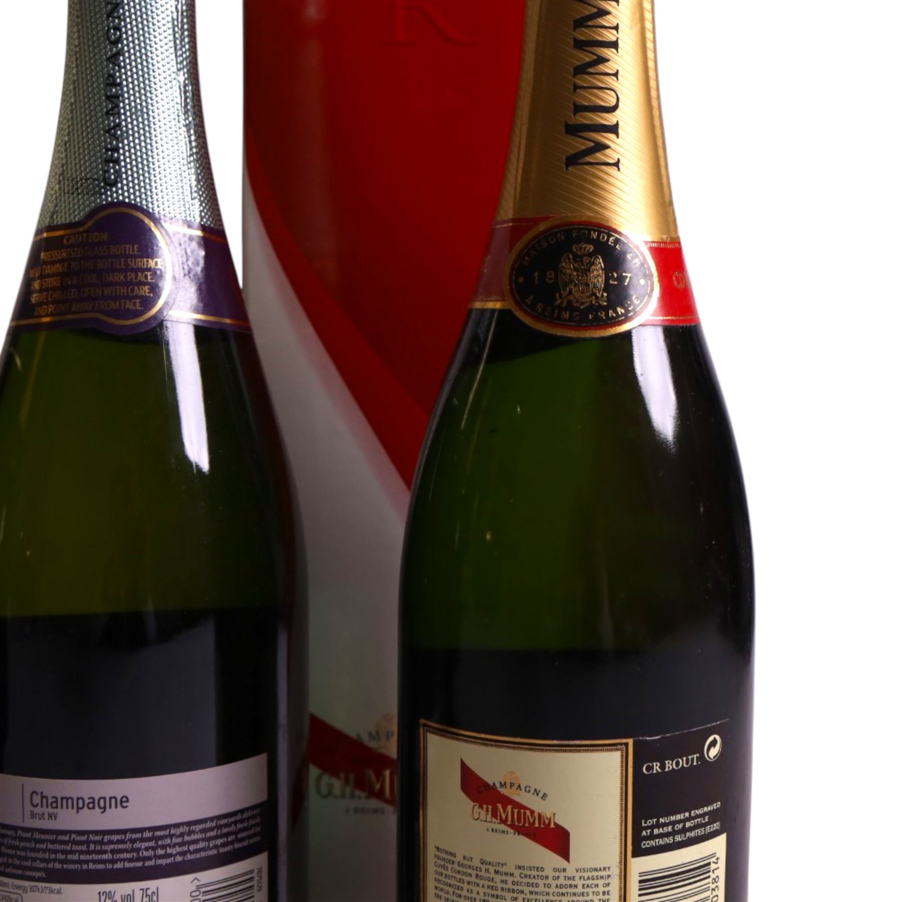 Moet & Chandon 2000 grand vintage champagne, G.H. Mumm brut cordon rouge champagne and two others, various contents and proof