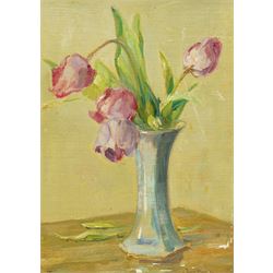 Owen Bowen (Staithes Group 1873-1967): Still Life of Tulips in a Vase, oil on board signed 35cm x 25