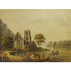  Ruined Church by the Riverside, 19th century watercolour unsigned 41cm x 55cm in eglomise glass & gilt frame   