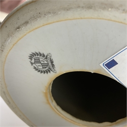 An India Jane ceramic table lamp, of baluster form, the white ground detailed with foliate and figural decoration in grey, overall H43cm.