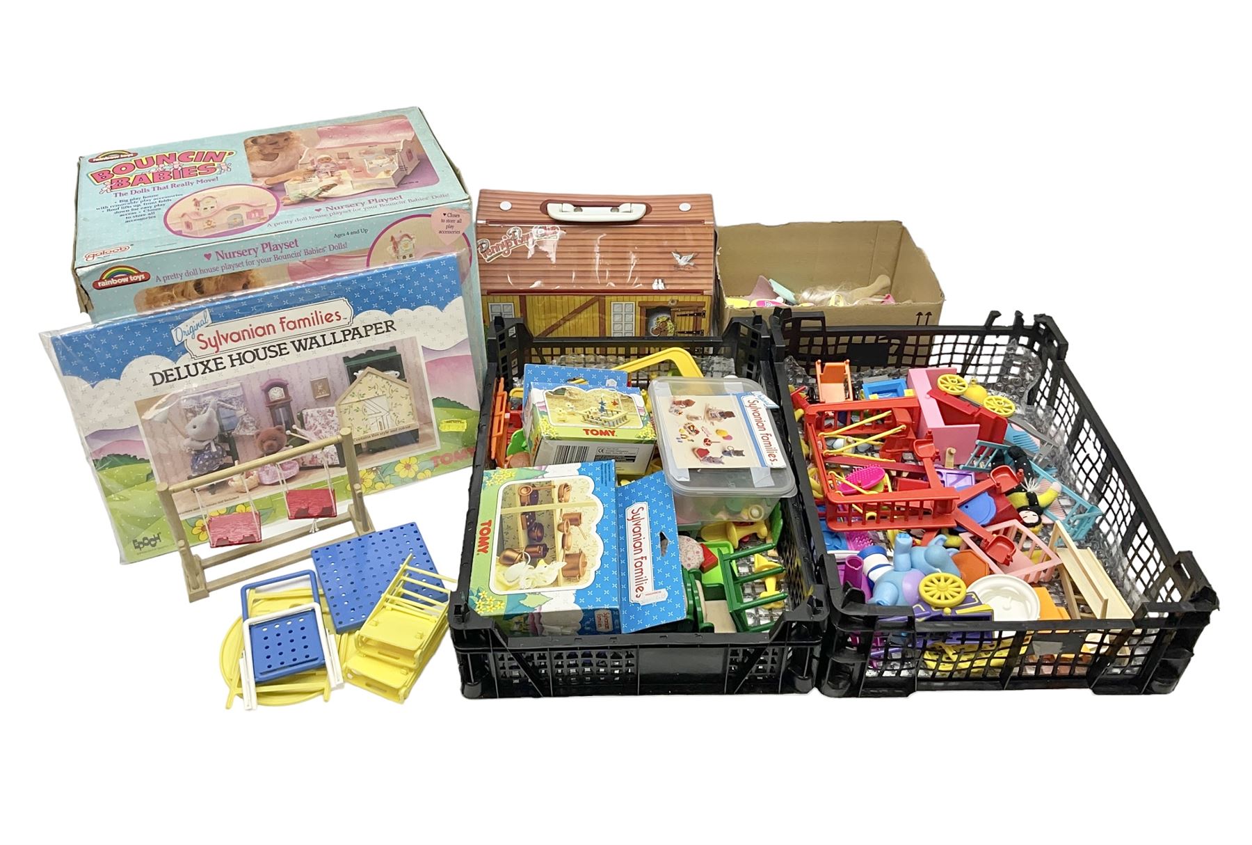 1980s Epoch Sylvanian Families - Country Kitchen Utensil Set and Playpen with Mobile; both boxed; together with assorted loose furniture, playground equipment, grocery shop stock etc; Penny's Pony Club Set in folding stable box; and boxed Bouncin' Babies Nursey Playset