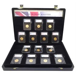 Queen Elizabeth II 'Prime Minister Sovereign Set', comprising fourteen gold full sovereign coins dated 1957, 1962, 1963, 1966, 1974, 1976, 1978, 1982, 1995, 2000, 2002, 2011, 2016 and 2019, cased with certificate 