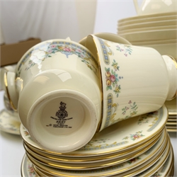 Royal Doulton Juliet pattern dinner and tea wares, comprising thirteen dinner plates, twelve dessert plates, thirteen side plates, twelve soup bowls, twelve further bowls, two tureen and covers, serving platter, two sauce boats and stands, teapot, hot water pot, thirteen teacups and fourteen saucers, two jugs, and an open sucrier. 