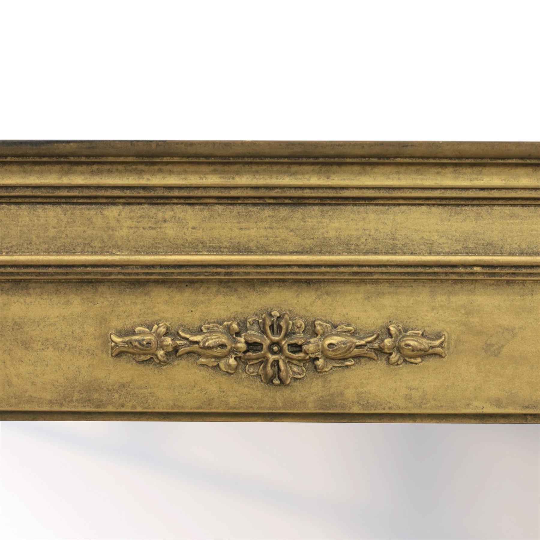 Late 20th century neoclassical style gilt wall mirror, the moulded cornice above a plain frieze centred with foliate mount, fluted pilaster sides with applied ornament, on moulded plinth base surrounding a rectangular mirror plate
